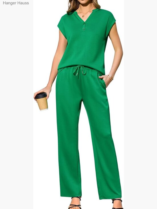 Pants - Women's Two Piece Lounge Set Cap Sleeve V-Neck Tracksuit Vacation Outfit
